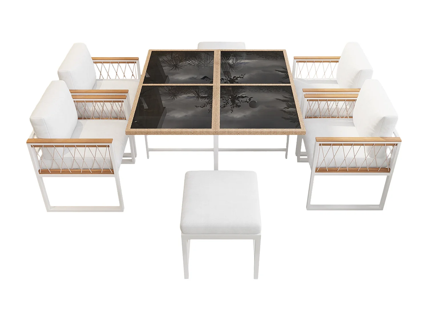 Set da pranzo da giardino per 6 personas, tavolo in vetro temperato, struttura in ferro zincato, 4 sedie, 2 sgabelli, 1 tavolo, Bianco