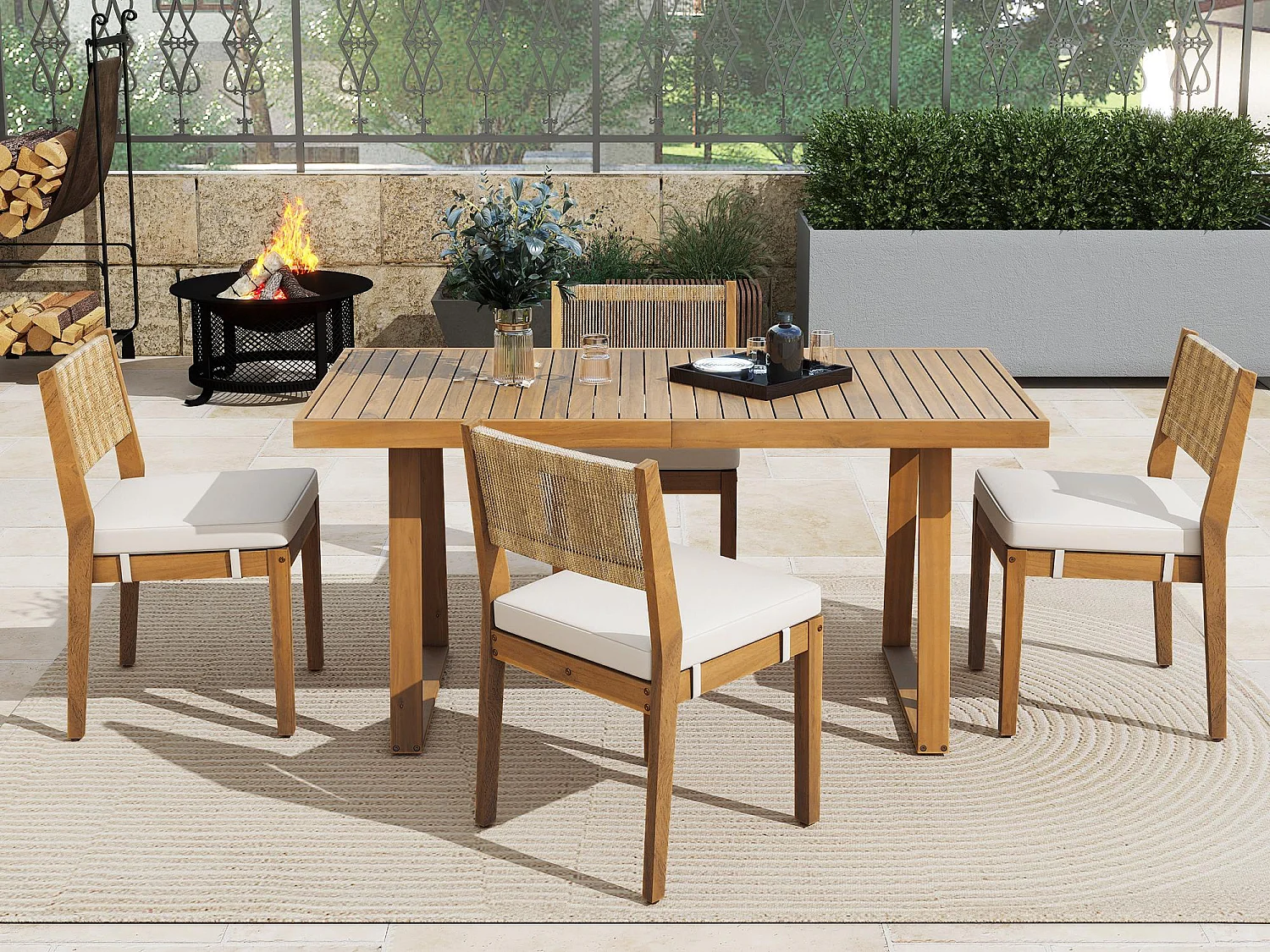 Ensemble de salle à manger de jardin pour 4 personnes - 4 fauteuils - 1 table - structure en fer galvanisé - en tissu amovibles et lavables - Blanc+Naturel