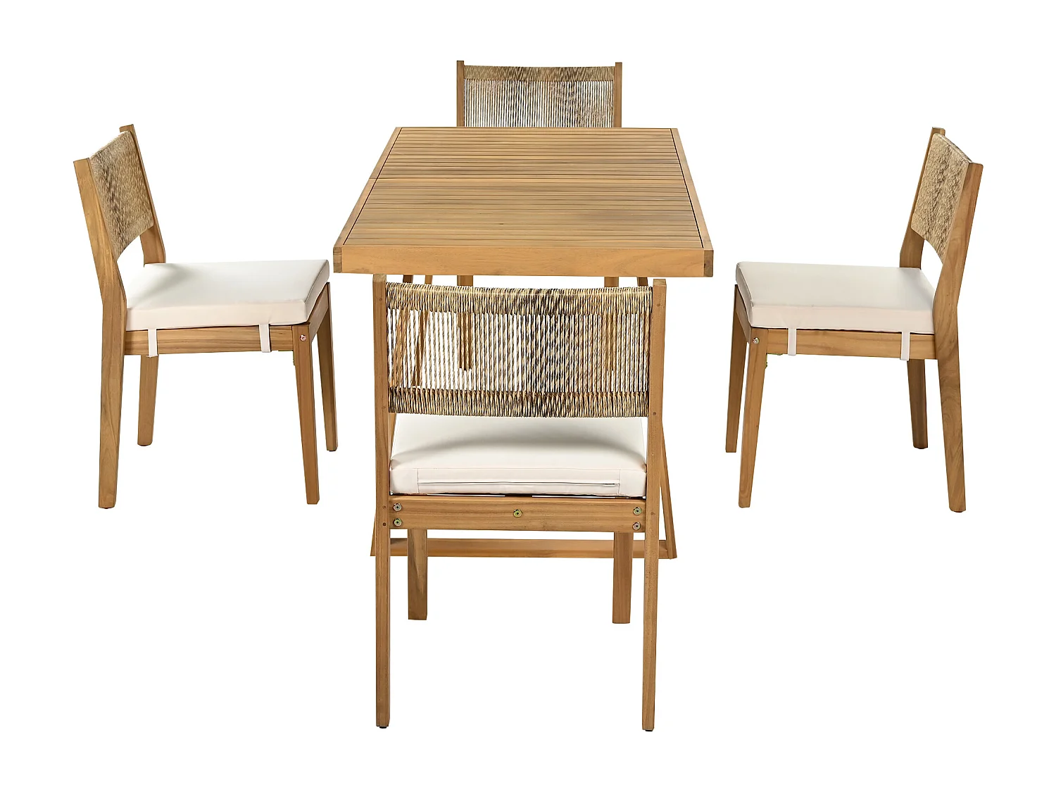 Ensemble de salle à manger de jardin pour 4 personnes - 4 fauteuils - 1 table - structure en fer galvanisé - en tissu amovibles et lavables - Blanc+Naturel