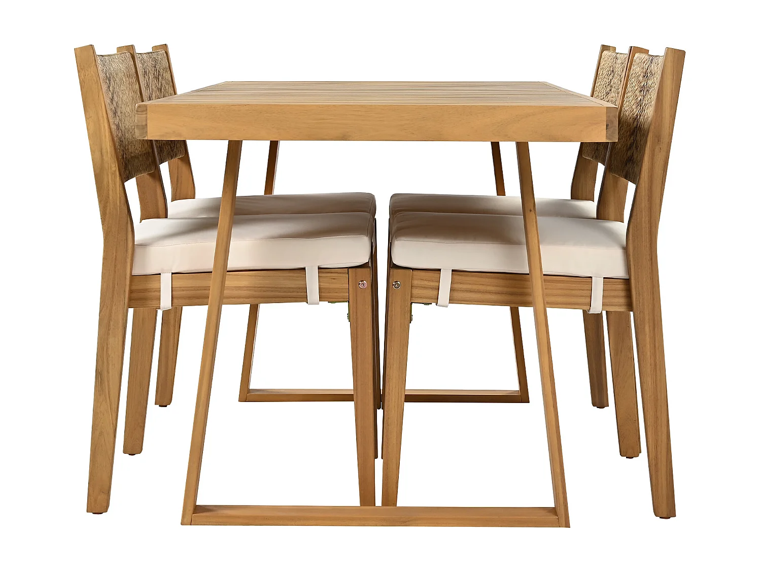 Ensemble de salle à manger de jardin pour 4 personnes - 4 fauteuils - 1 table - structure en fer galvanisé - en tissu amovibles et lavables - Blanc+Naturel