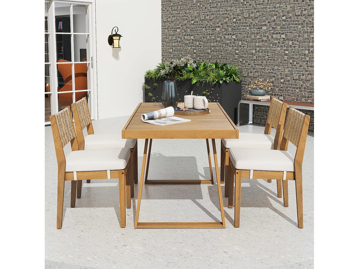 Ensemble de salle à manger de jardin pour 4 personnes - 4 fauteuils - 1 table - structure en fer galvanisé - en tissu amovibles et lavables - Blanc+Naturel