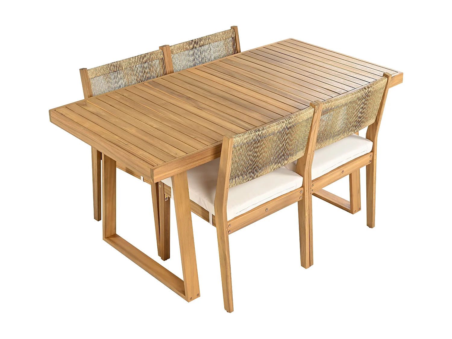 Ensemble de salle à manger de jardin pour 4 personnes - 4 fauteuils - 1 table - structure en fer galvanisé - en tissu amovibles et lavables - Blanc+Naturel