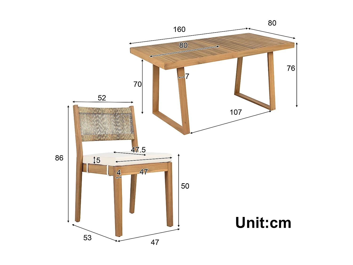 Ensemble de salle à manger de jardin pour 4 personnes - 4 fauteuils - 1 table - structure en fer galvanisé - en tissu amovibles et lavables - Blanc+Naturel