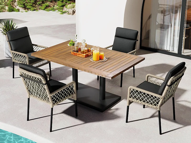 Conjunto de comedor de jardín para 4 personas, Madera maciza de acacia, estructura en hierro galvanizado, 4 sillas, 1 mesa, Negro