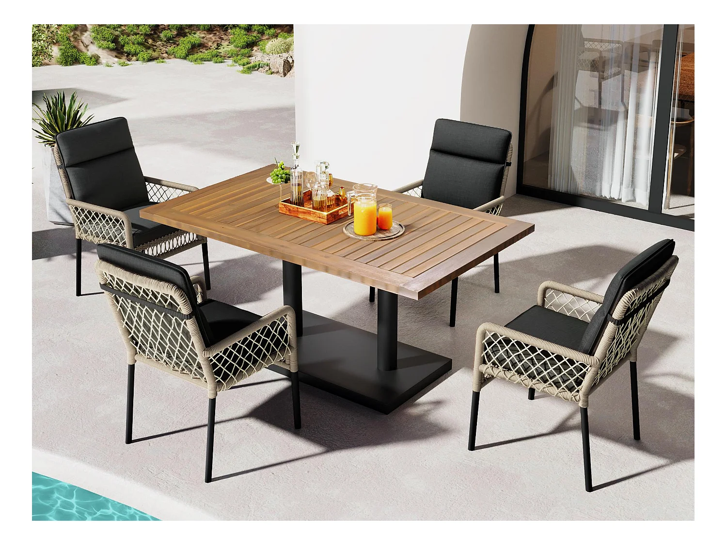 Conjunto de comedor de jardín para 4 personas, Madera maciza de acacia, estructura en hierro galvanizado, 4 sillas, 1 mesa, Negro