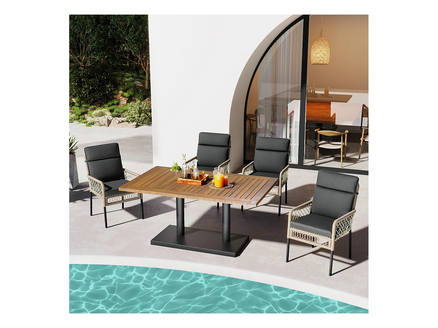 Conjunto de comedor de jardín para 4 personas, Madera maciza de acacia, estructura en hierro galvanizado, 4 sillas, 1 mesa, Negro