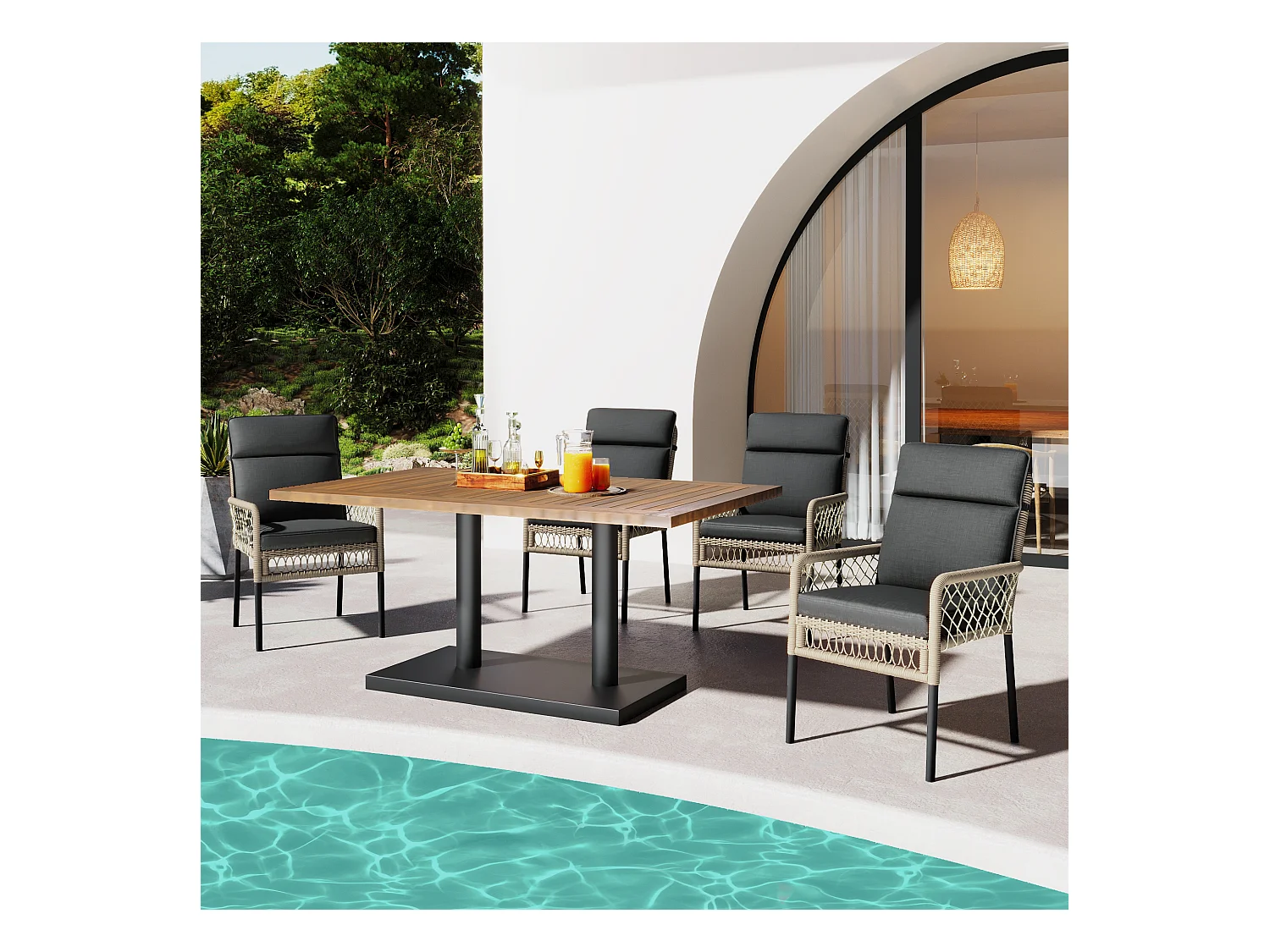 Conjunto de comedor de jardín para 4 personas, Madera maciza de acacia, estructura en hierro galvanizado, 4 sillas, 1 mesa, Negro