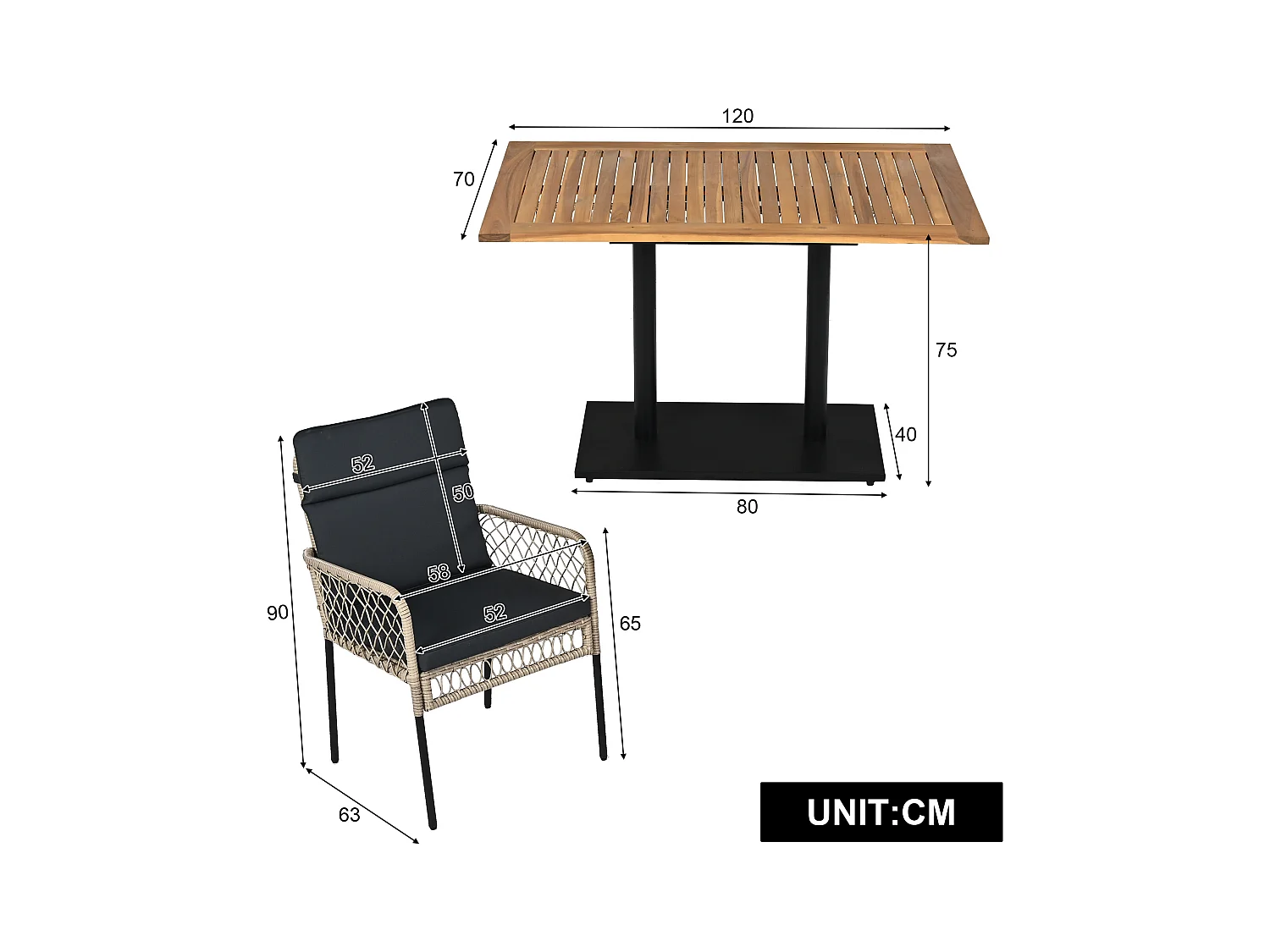 Conjunto de comedor de jardín para 4 personas, Madera maciza de acacia, estructura en hierro galvanizado, 4 sillas, 1 mesa, Negro