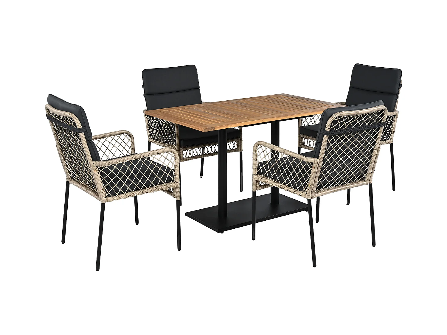 Conjunto de comedor de jardín para 4 personas, Madera maciza de acacia, estructura en hierro galvanizado, 4 sillas, 1 mesa, Negro
