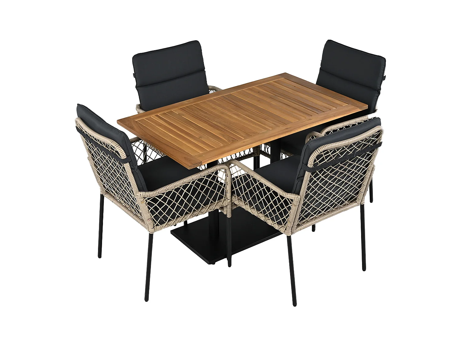 Conjunto de comedor de jardín para 4 personas, Madera maciza de acacia, estructura en hierro galvanizado, 4 sillas, 1 mesa, Negro