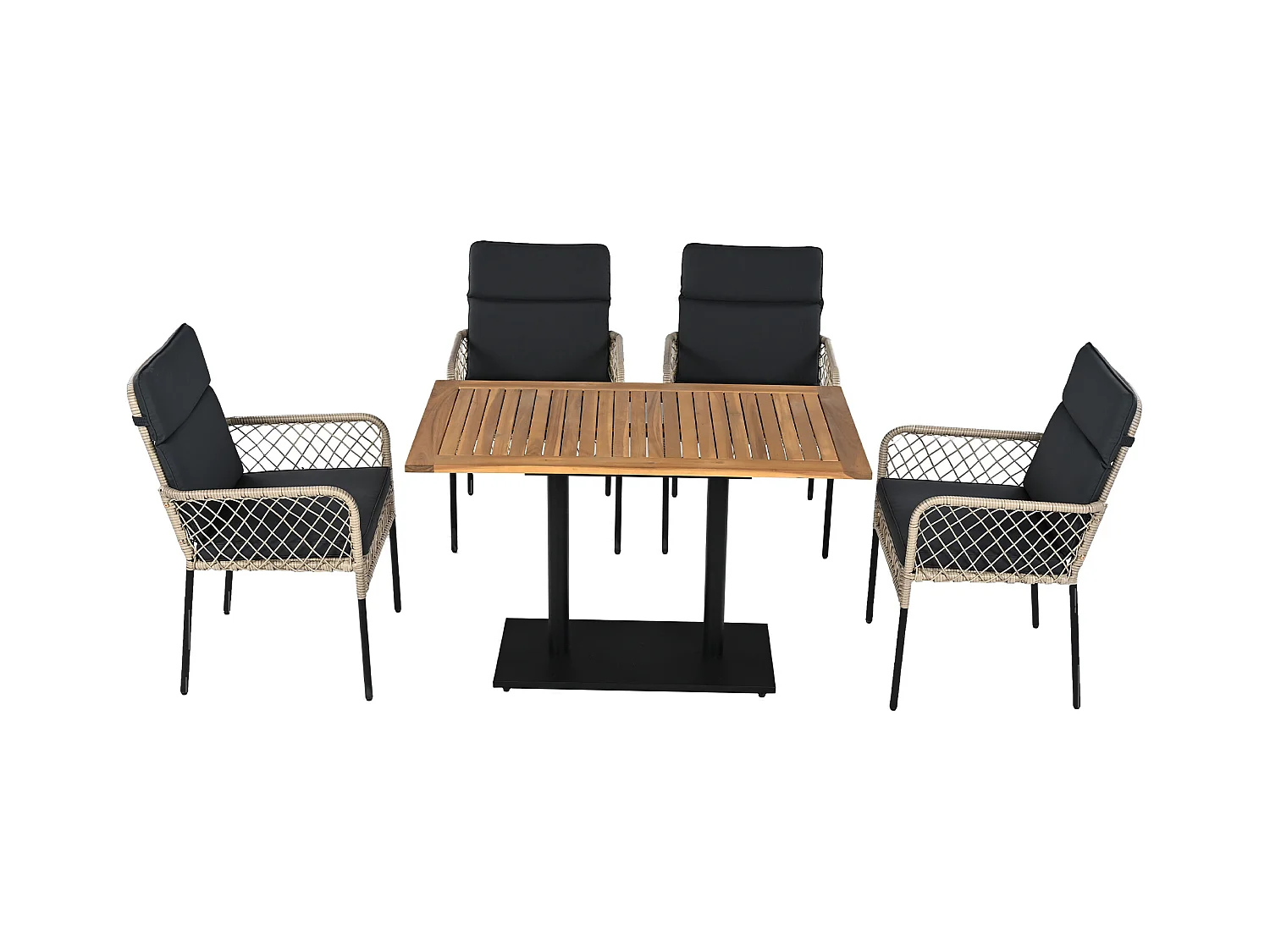 Conjunto de comedor de jardín para 4 personas, Madera maciza de acacia, estructura en hierro galvanizado, 4 sillas, 1 mesa, Negro
