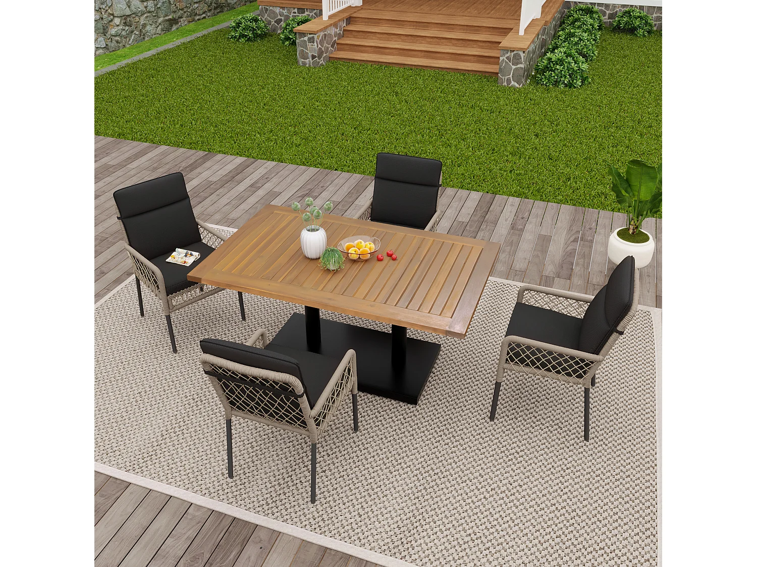 Conjunto de sala de jantar de jardim para 4 pessoas, Madeira maciça de acácia, estrutura em ferro galvanizado, 4 cadeiras, 1 mesa, Preto