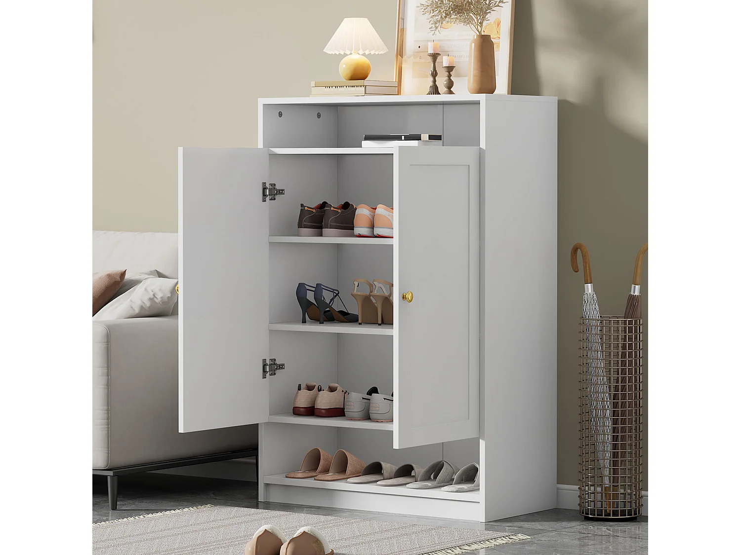 Schuhschrank 73x34x109 cm - mit 2 Türen - mit 2 offenen Regalen - weiß