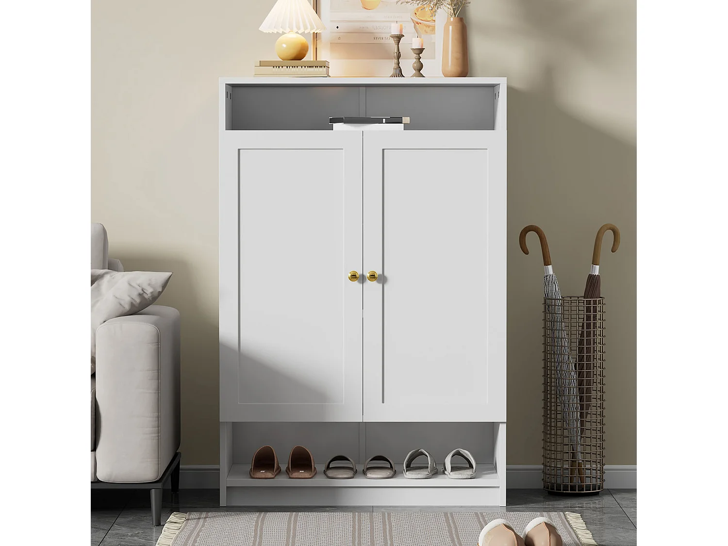 Schuhschrank 73x34x109 cm - mit 2 Türen - mit 2 offenen Regalen - weiß