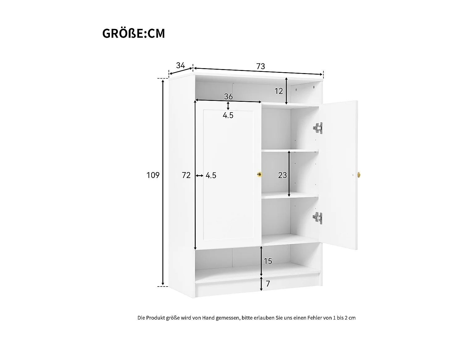 Schuhschrank 73x34x109 cm - mit 2 Türen - mit 2 offenen Regalen - weiß