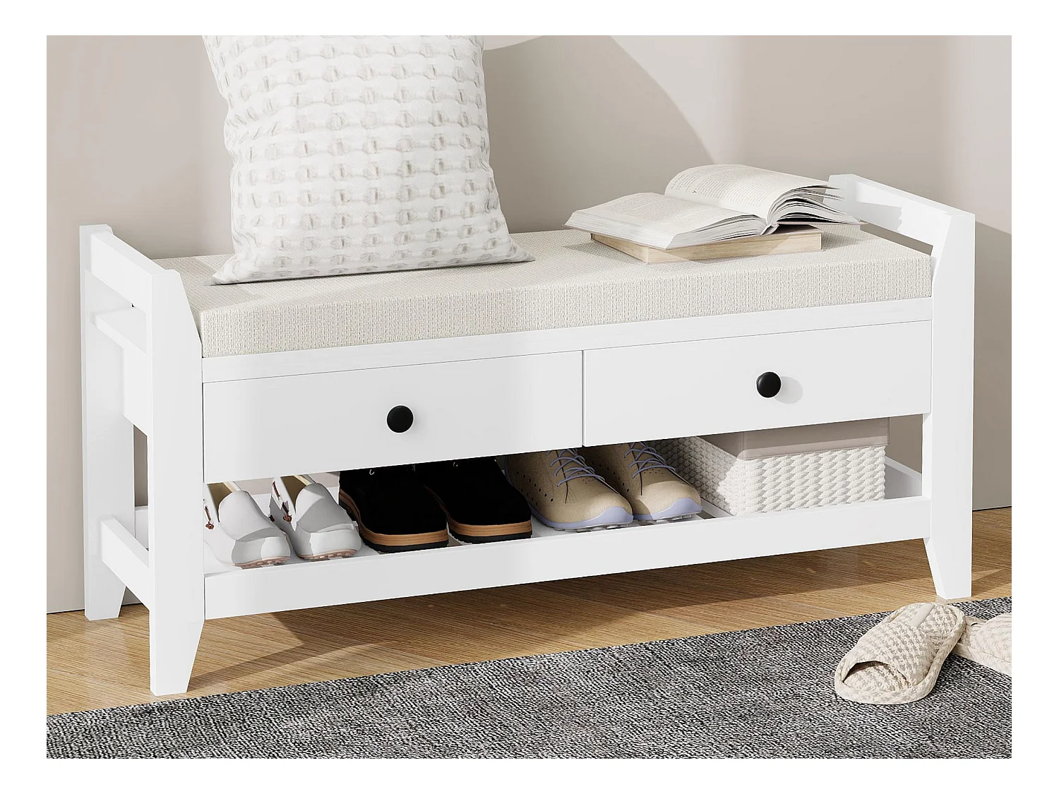 Meuble à chaussures - avec siège - avec 2 tiroirs - avec des étagères ouvertes - Blanc