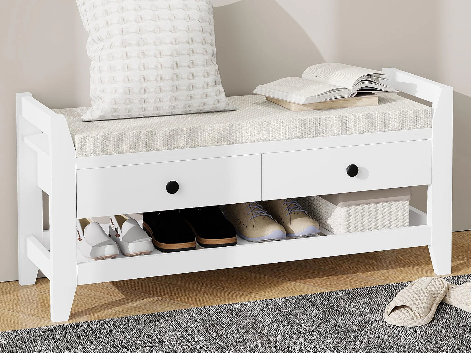 Mobili per scarpe - con sedile - con 2 cassetti - con scaffali aperti - Bianco