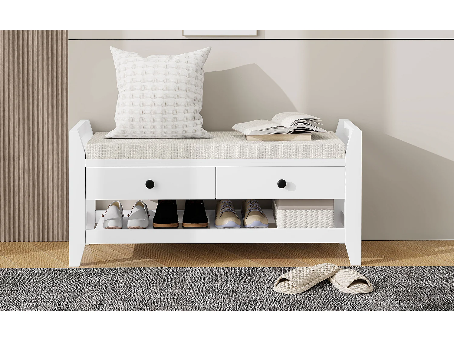 Mobili per scarpe - con sedile - con 2 cassetti - con scaffali aperti - Bianco