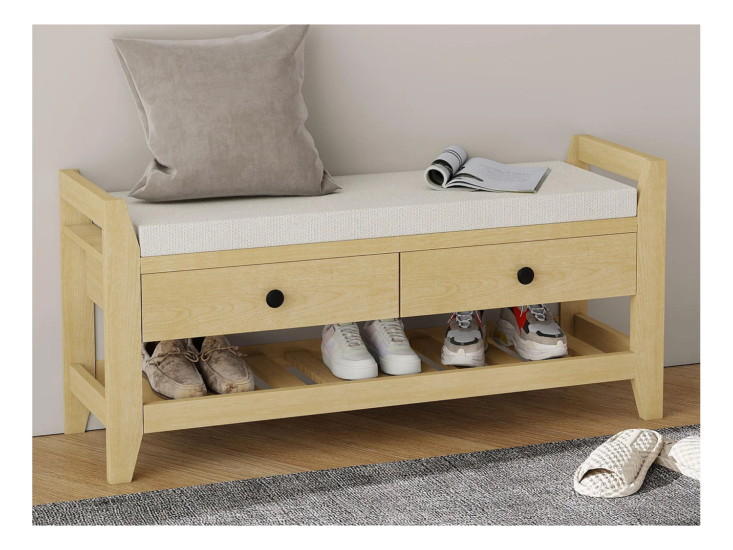 Móvel para sapatos - com assento - com 2 gavetas - com prateleiras abertas - Natural