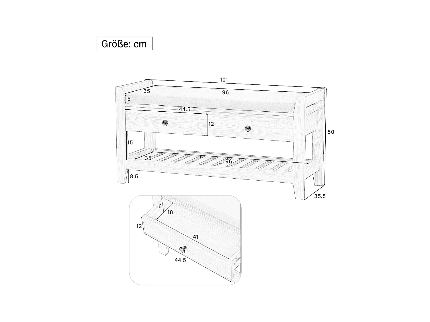Móvel para sapatos - com assento - com 2 gavetas - com prateleiras abertas - Natural