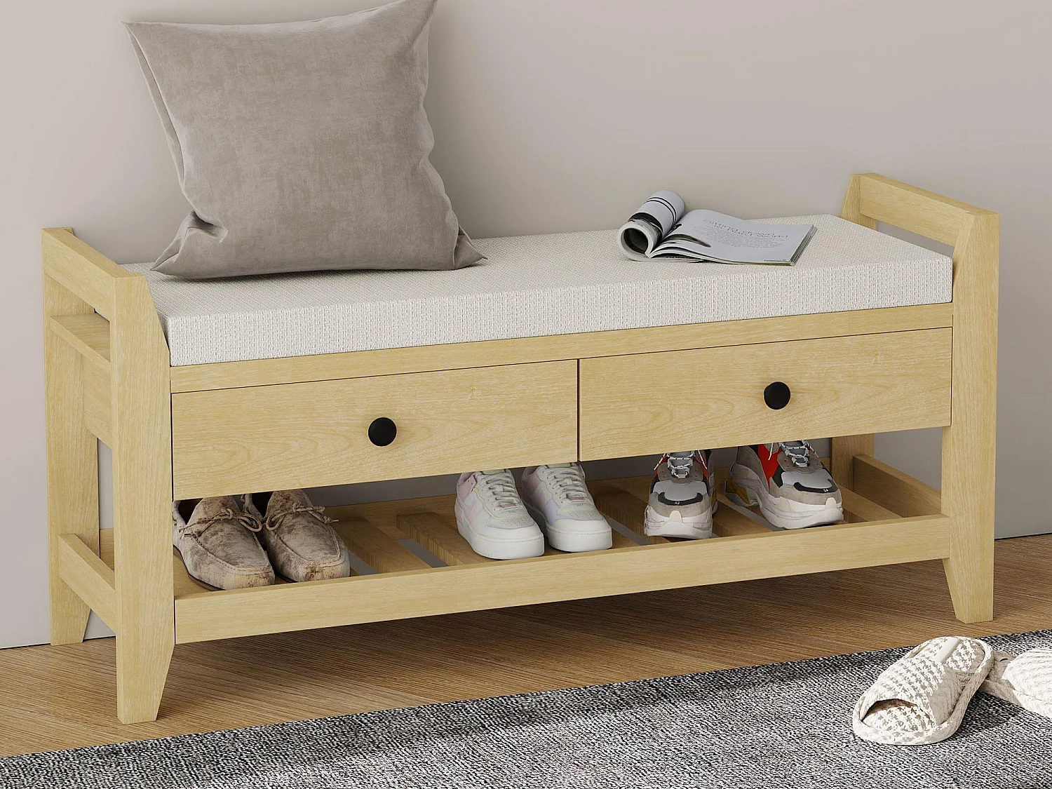 Schuhschrank - mit Sitz - mit 2 Schubladen - mit offenen Regalen - Natürlich