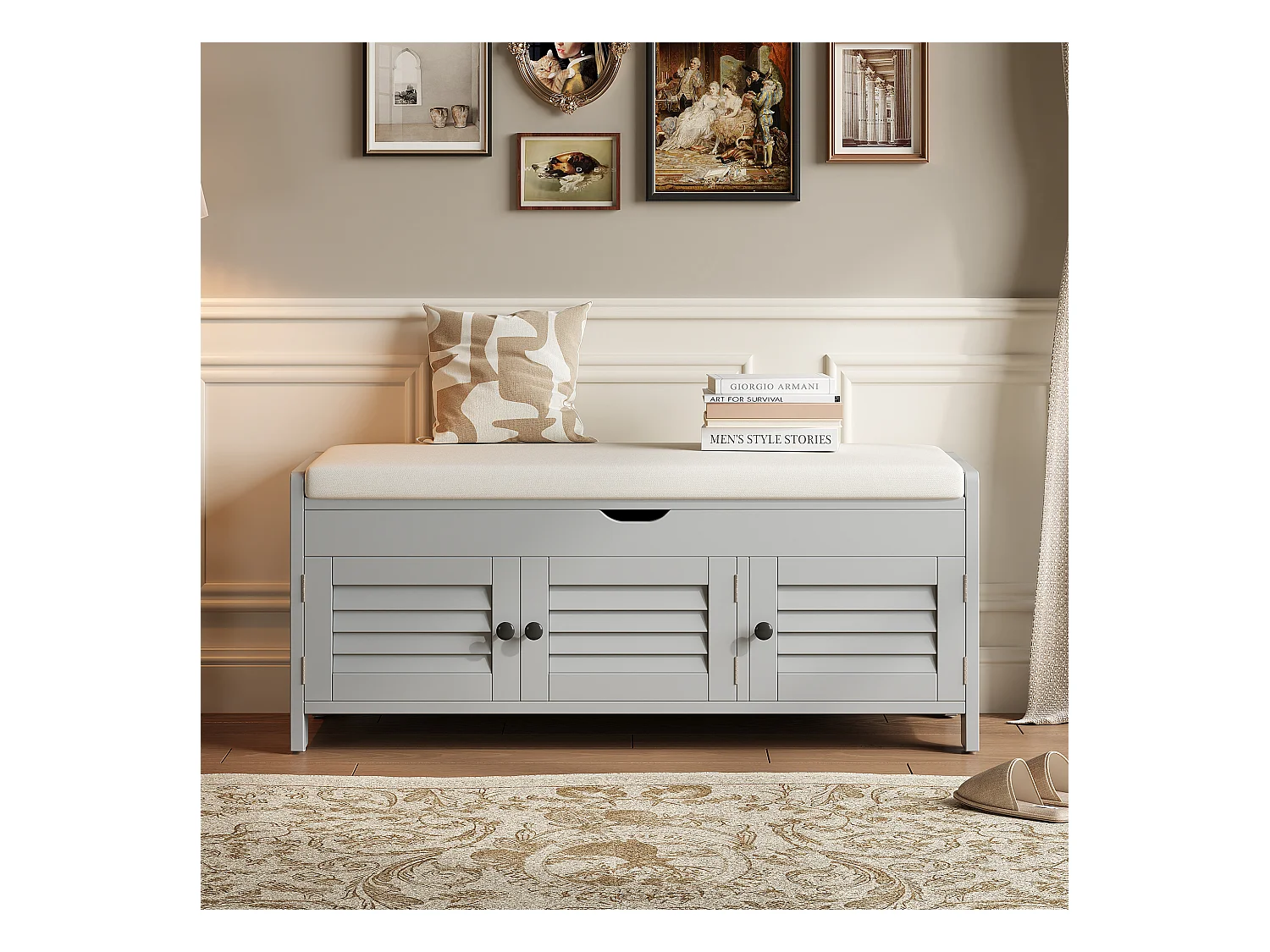 Schoenenkast - met zitplaats - met 3 deuren - met opslagruimte onder de zitplaats - Grijs