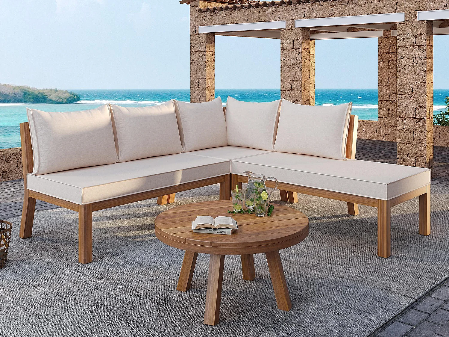 Ensemble de salon de jardin 4 places, canapé d'angle + table basse, structure en acacia, en corde tressée, Beige