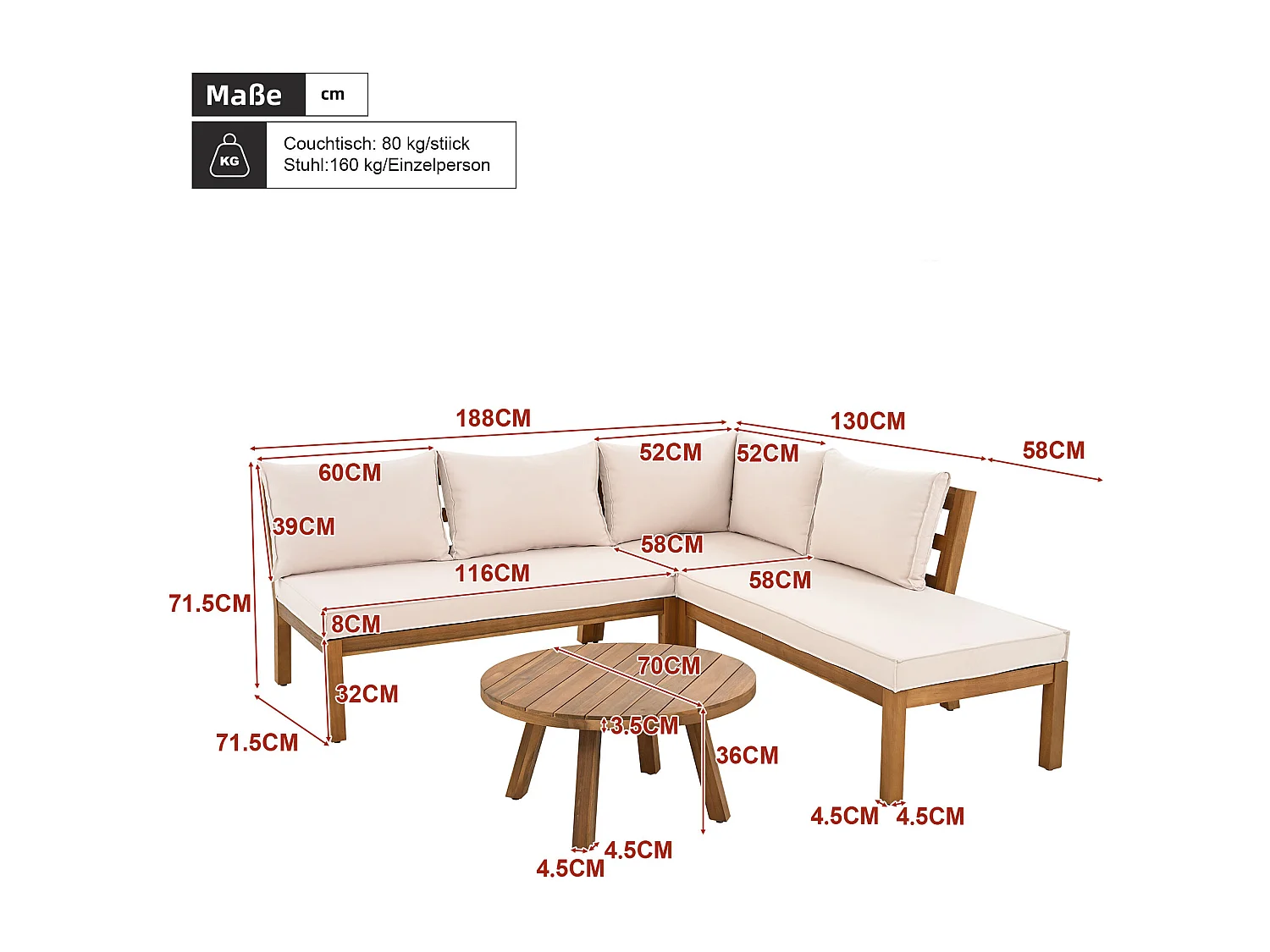 Ensemble de salon de jardin 4 places, canapé d'angle + table basse, structure en acacia, en corde tressée, Beige