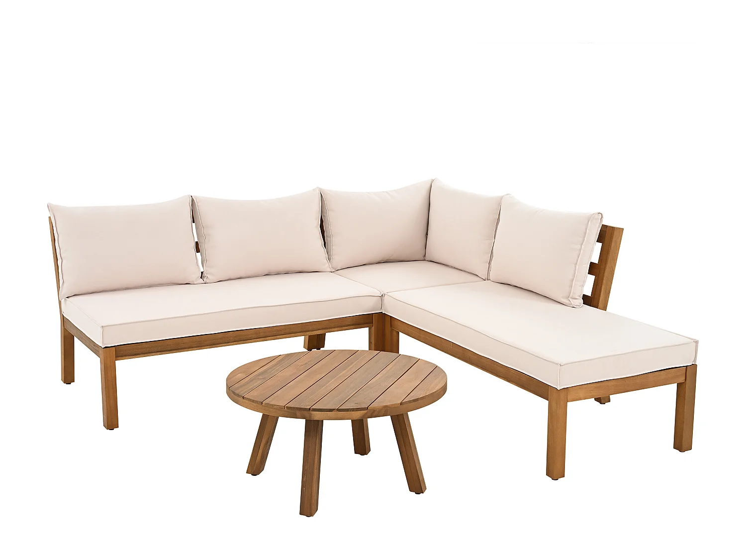 Ensemble de salon de jardin 4 places, canapé d'angle + table basse, structure en acacia, en corde tressée, Beige