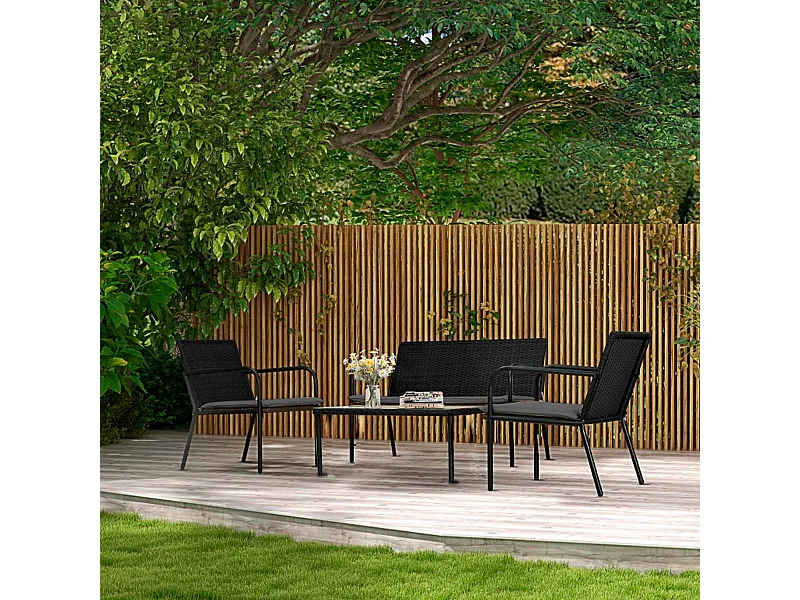 Conjunto de jardín Mykonos 2 sillones + 1 sofá doble + mesa de centro marrón/negro
