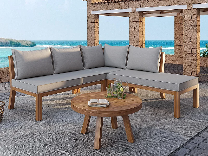 Set da salotto da giardino per 4 persone, divano angolare + tavolino basso, struttura in acacia, in corda intrecciata, grigio