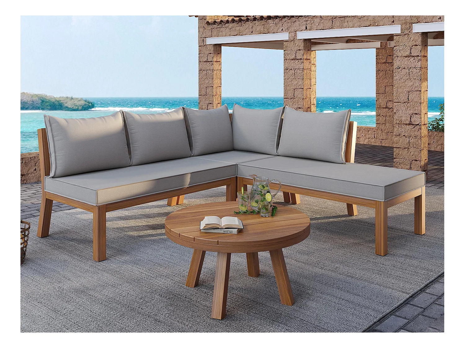 Set da salotto da giardino per 4 persone, divano angolare + tavolino basso, struttura in acacia, in corda intrecciata, grigio