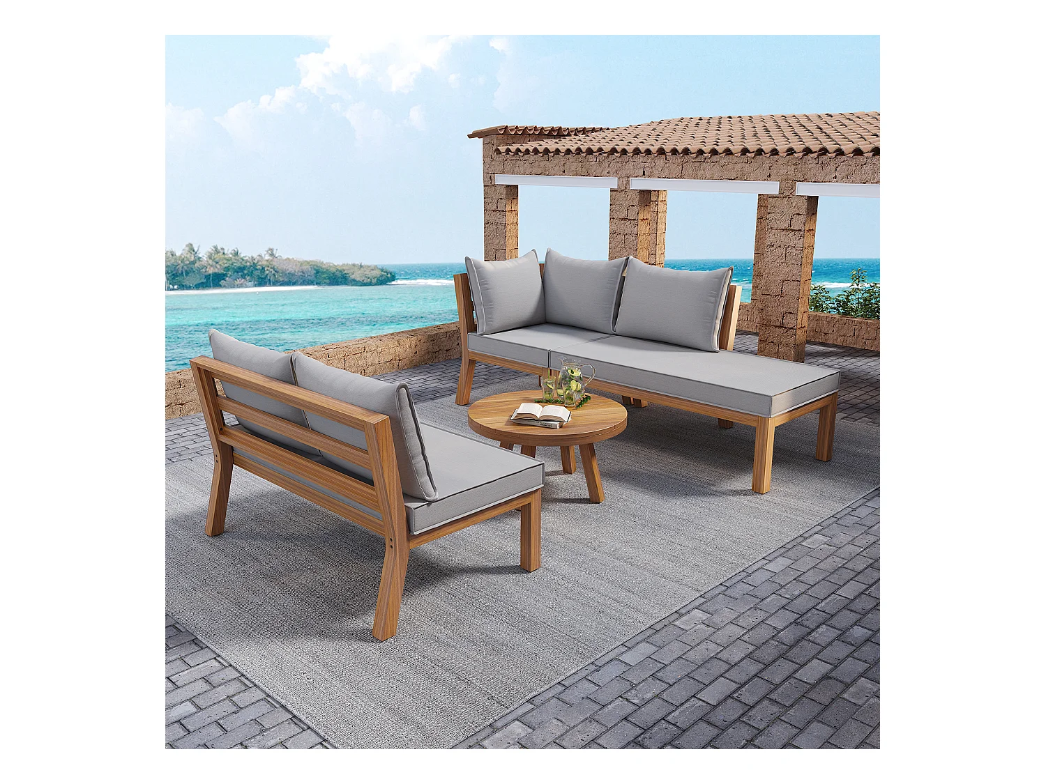 Set da salotto da giardino per 4 persone, divano angolare + tavolino basso, struttura in acacia, in corda intrecciata, grigio