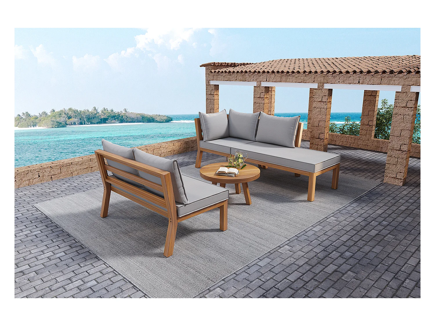 Set da salotto da giardino per 4 persone, divano angolare + tavolino basso, struttura in acacia, in corda intrecciata, grigio