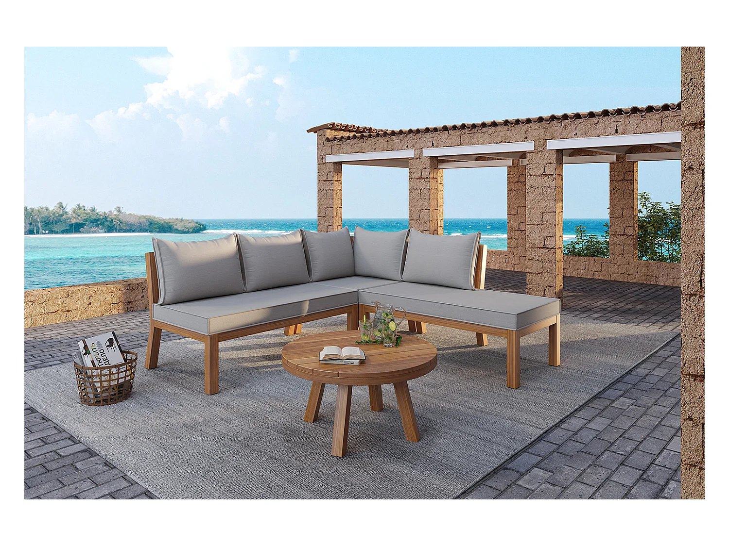 Set da salotto da giardino per 4 persone, divano angolare + tavolino basso, struttura in acacia, in corda intrecciata, grigio