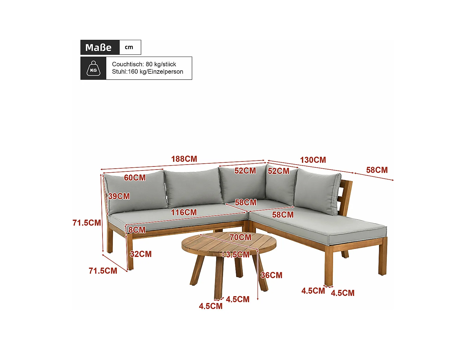 Set da salotto da giardino per 4 persone, divano angolare + tavolino basso, struttura in acacia, in corda intrecciata, grigio