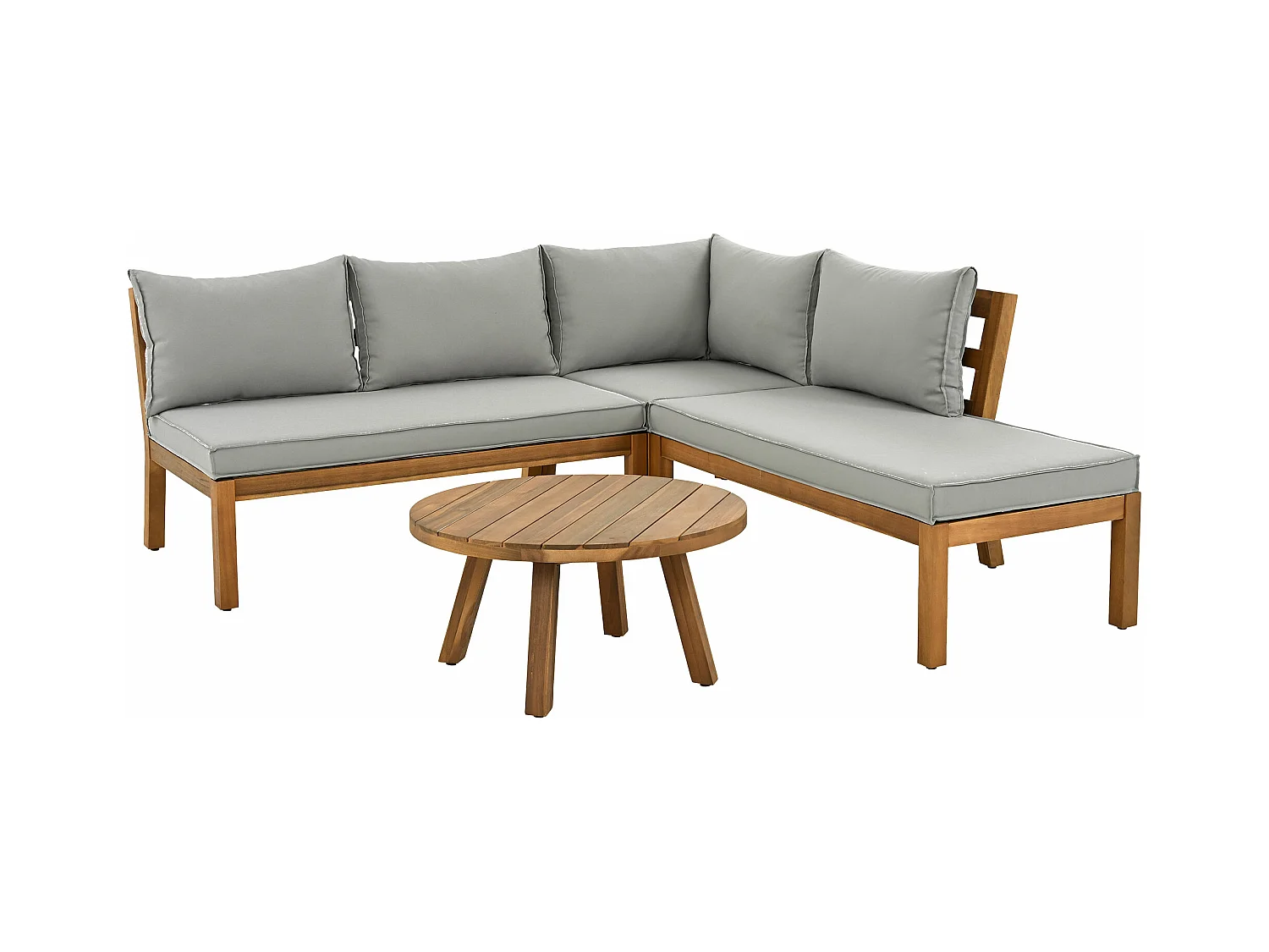 Set da salotto da giardino per 4 persone, divano angolare + tavolino basso, struttura in acacia, in corda intrecciata, grigio