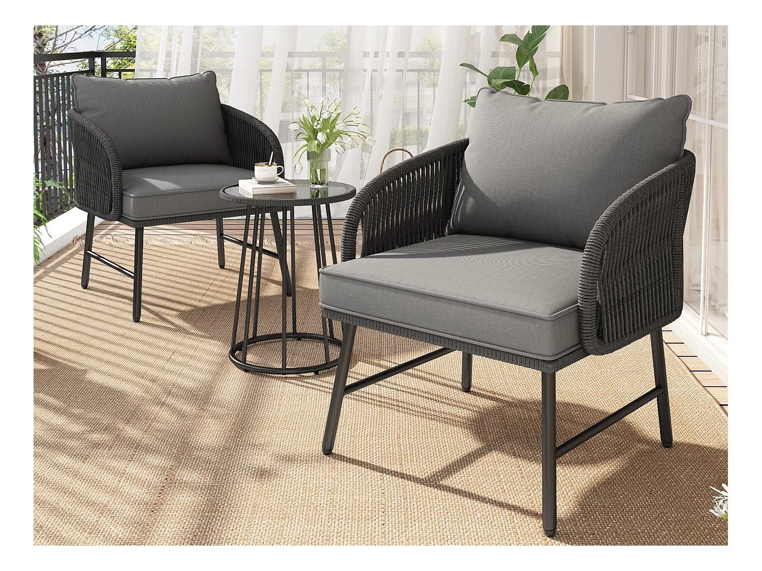 Conjuntos de salão de jardim bistrô de 3 peças, 2 poltronas + mesa baixa, corda trançada, tampo de mesa de vidro, Cinza