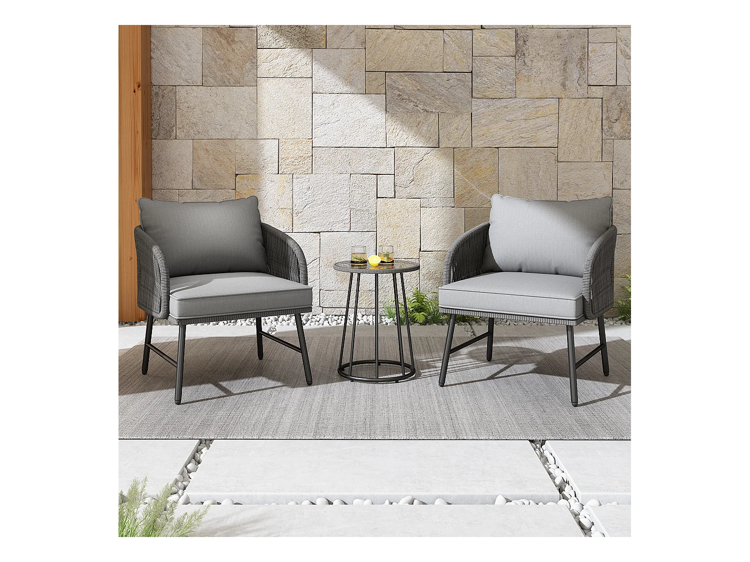 Conjuntos de salão de jardim bistrô de 3 peças, 2 poltronas + mesa baixa, corda trançada, tampo de mesa de vidro, Cinza