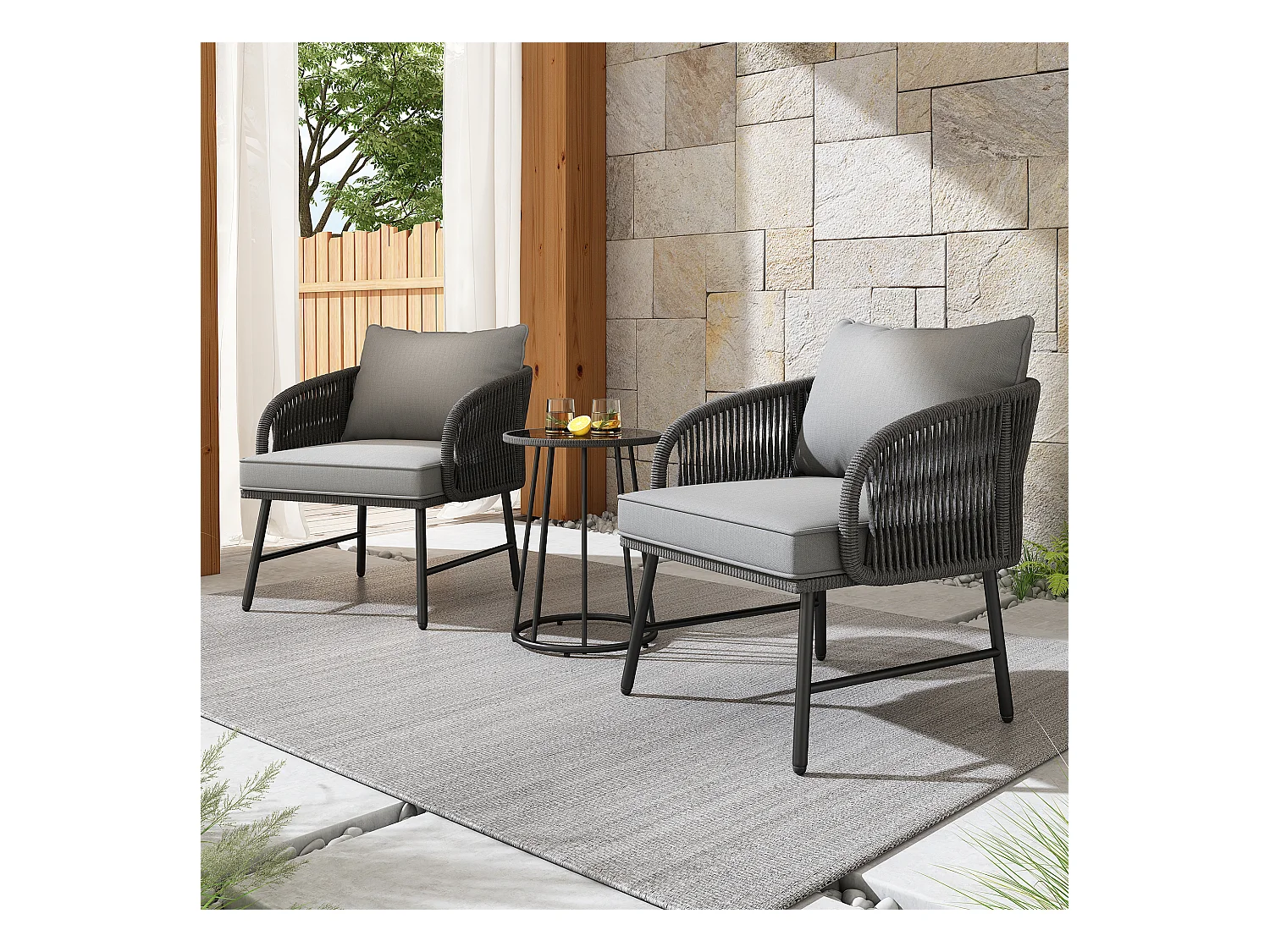 Conjuntos de salão de jardim bistrô de 3 peças, 2 poltronas + mesa baixa, corda trançada, tampo de mesa de vidro, Cinza