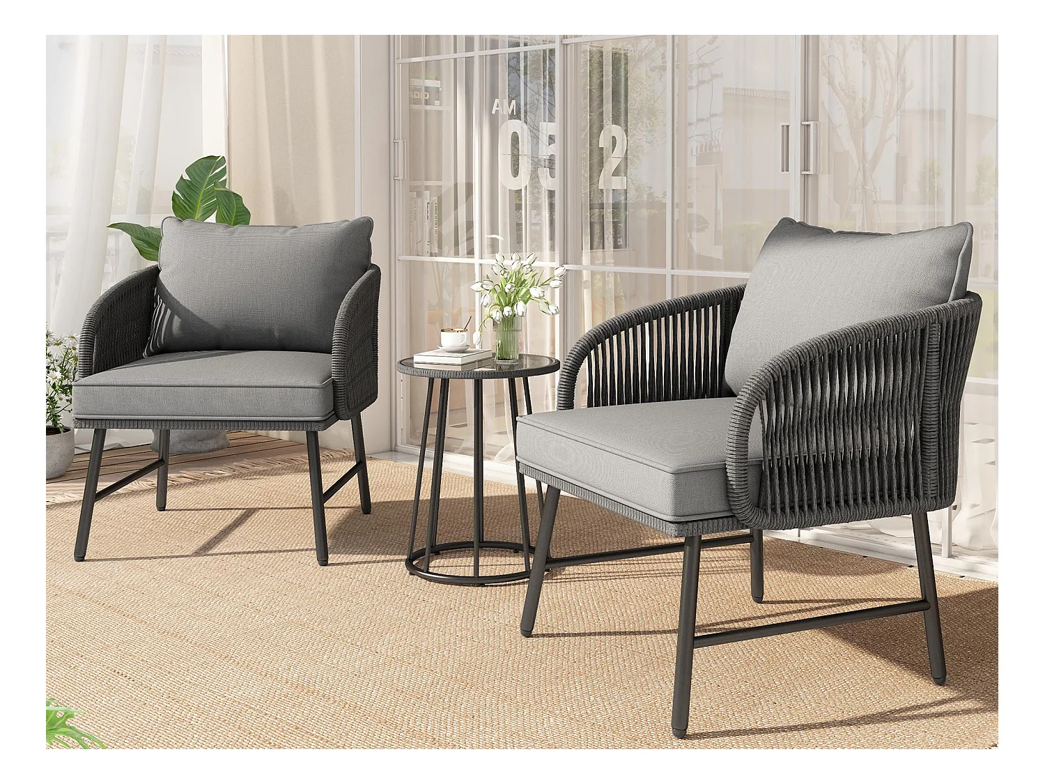Conjuntos de salão de jardim bistrô de 3 peças, 2 poltronas + mesa baixa, corda trançada, tampo de mesa de vidro, Cinza
