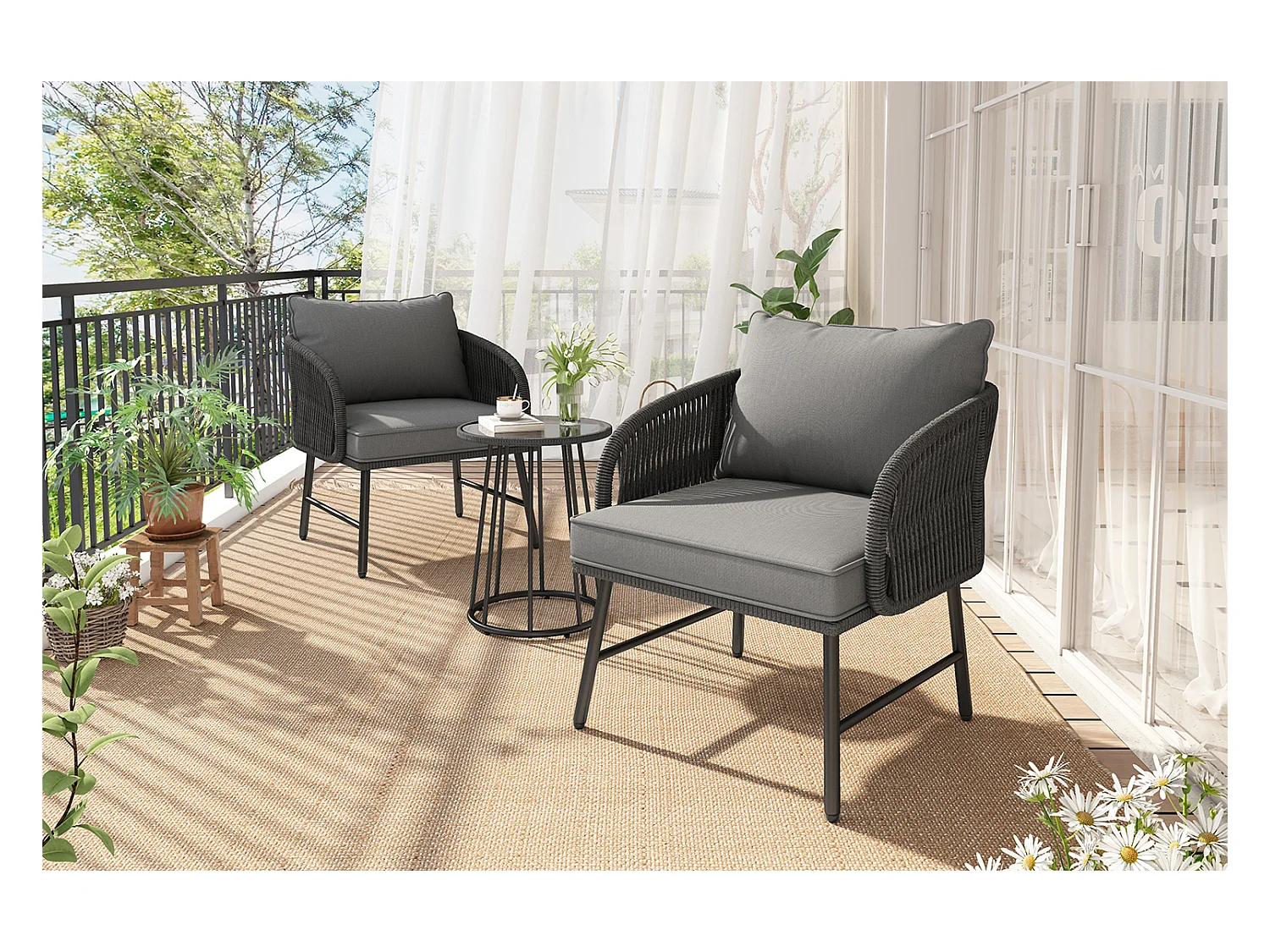 Conjuntos de salão de jardim bistrô de 3 peças, 2 poltronas + mesa baixa, corda trançada, tampo de mesa de vidro, Cinza