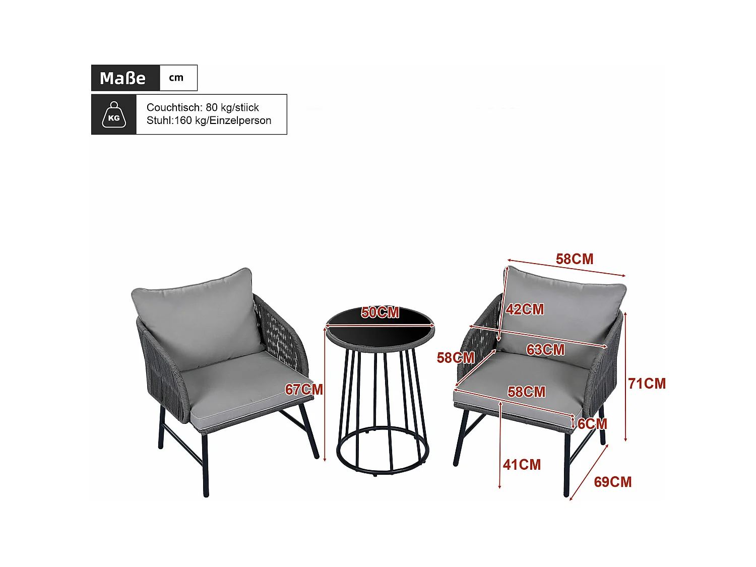 Conjuntos de salão de jardim bistrô de 3 peças, 2 poltronas + mesa baixa, corda trançada, tampo de mesa de vidro, Cinza