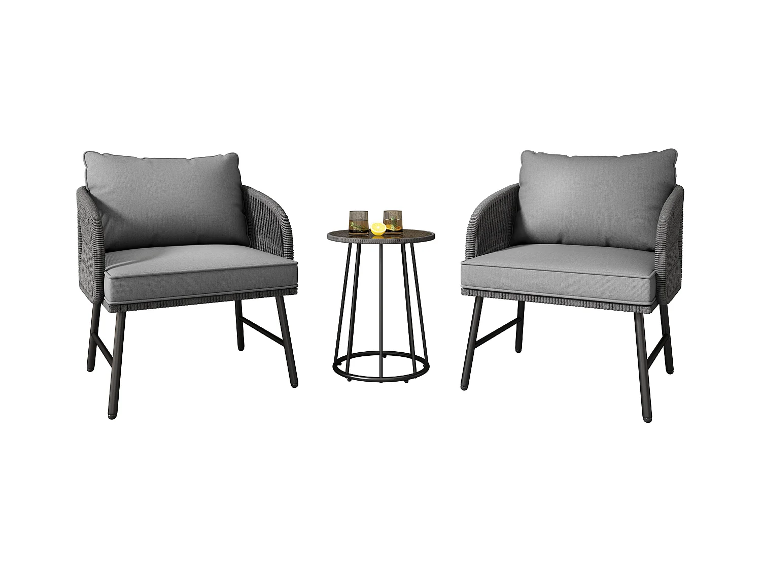 Conjuntos de salão de jardim bistrô de 3 peças, 2 poltronas + mesa baixa, corda trançada, tampo de mesa de vidro, Cinza