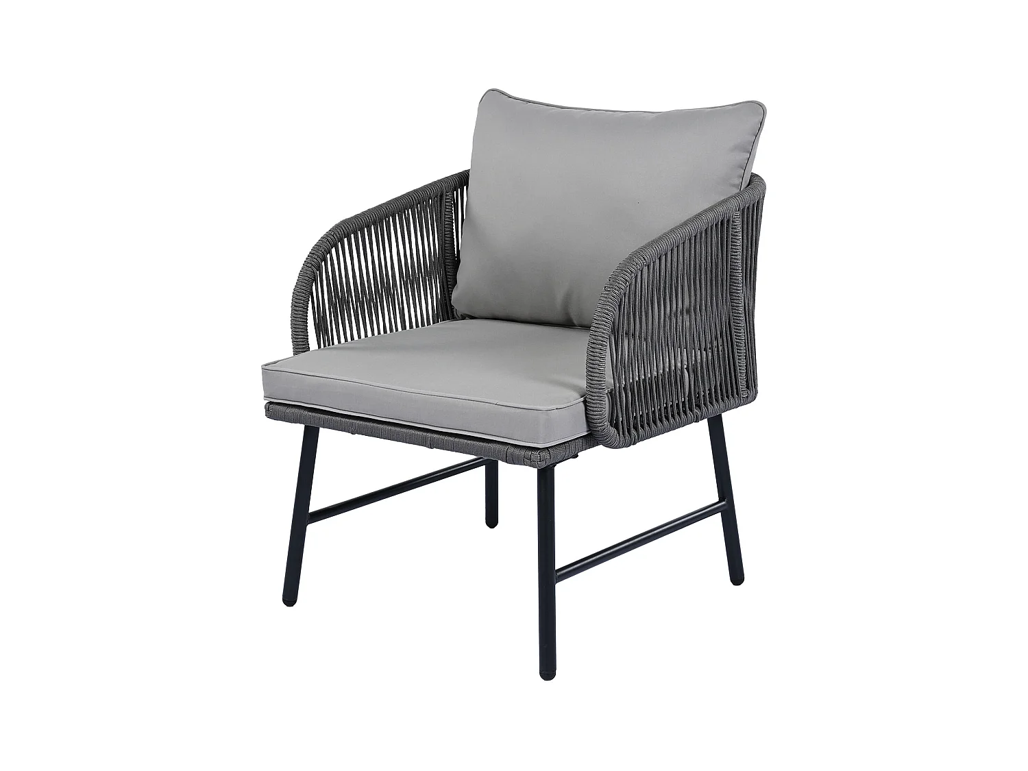 Conjuntos de salão de jardim bistrô de 3 peças, 2 poltronas + mesa baixa, corda trançada, tampo de mesa de vidro, Cinza