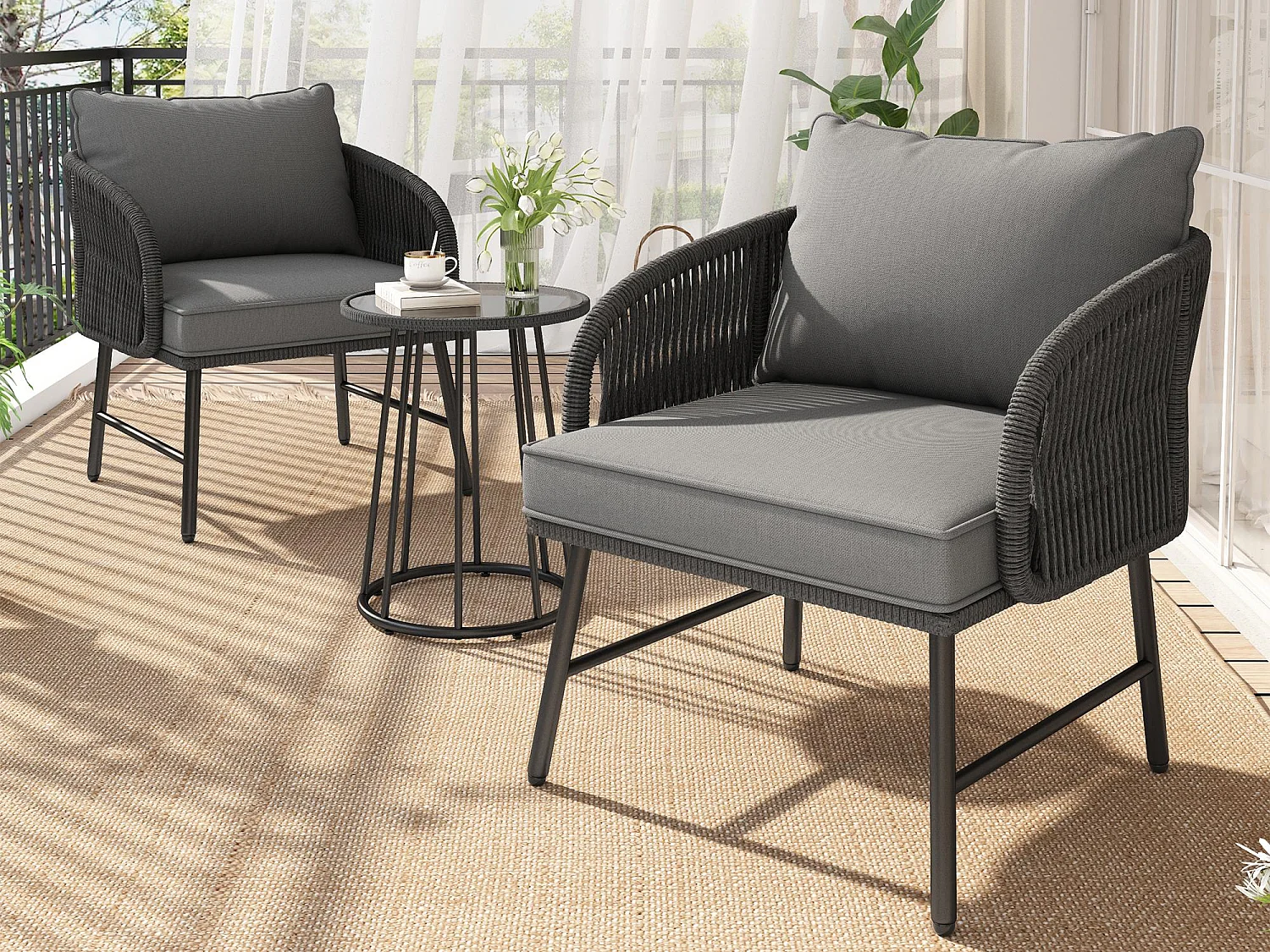 Bistro-Garten-Salon-Sets aus 3 Teilen, 2 Sessel + niedriger Tisch, geflochtene Schnur, Tischplatte aus Glas, Grau