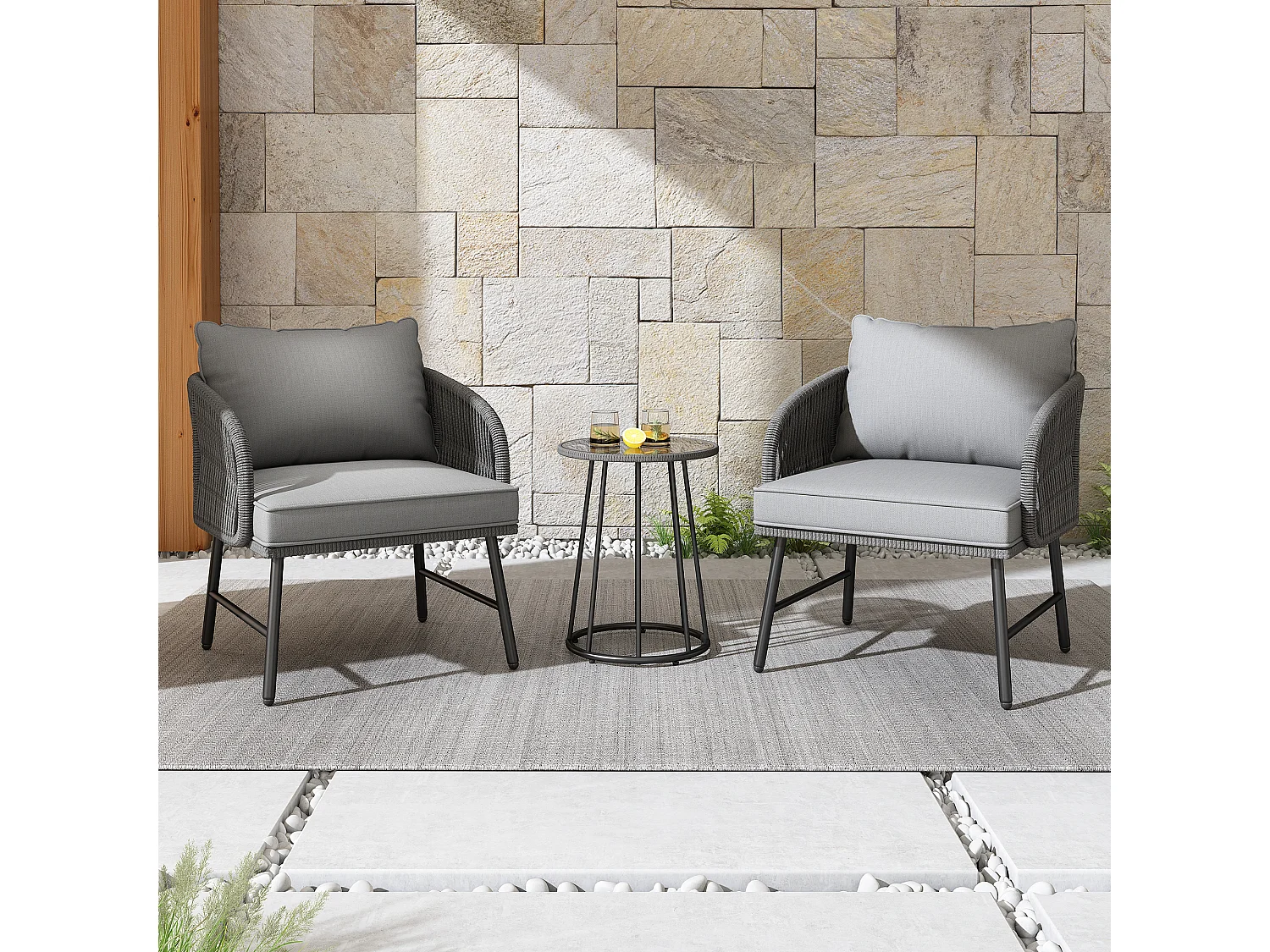 Bistro-Garten-Salon-Sets aus 3 Teilen, 2 Sessel + niedriger Tisch, geflochtene Schnur, Tischplatte aus Glas, Grau