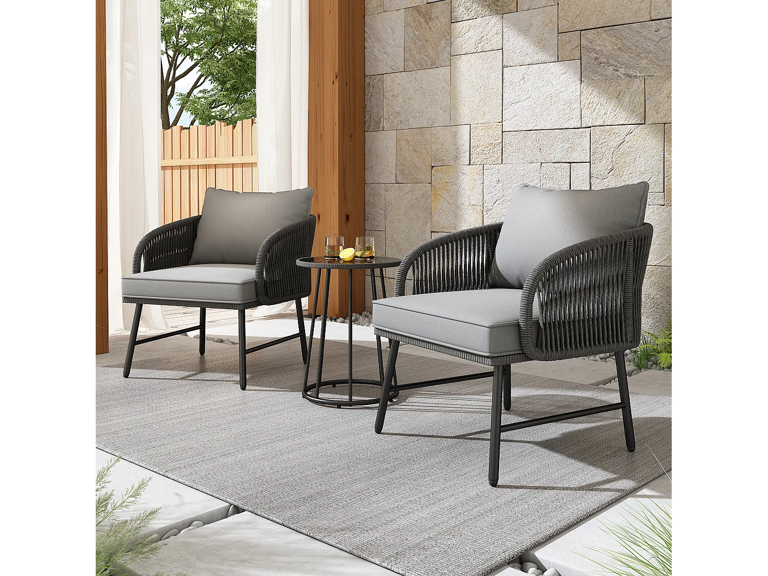 Bistro-Garten-Salon-Sets aus 3 Teilen, 2 Sessel + niedriger Tisch, geflochtene Schnur, Tischplatte aus Glas, Grau