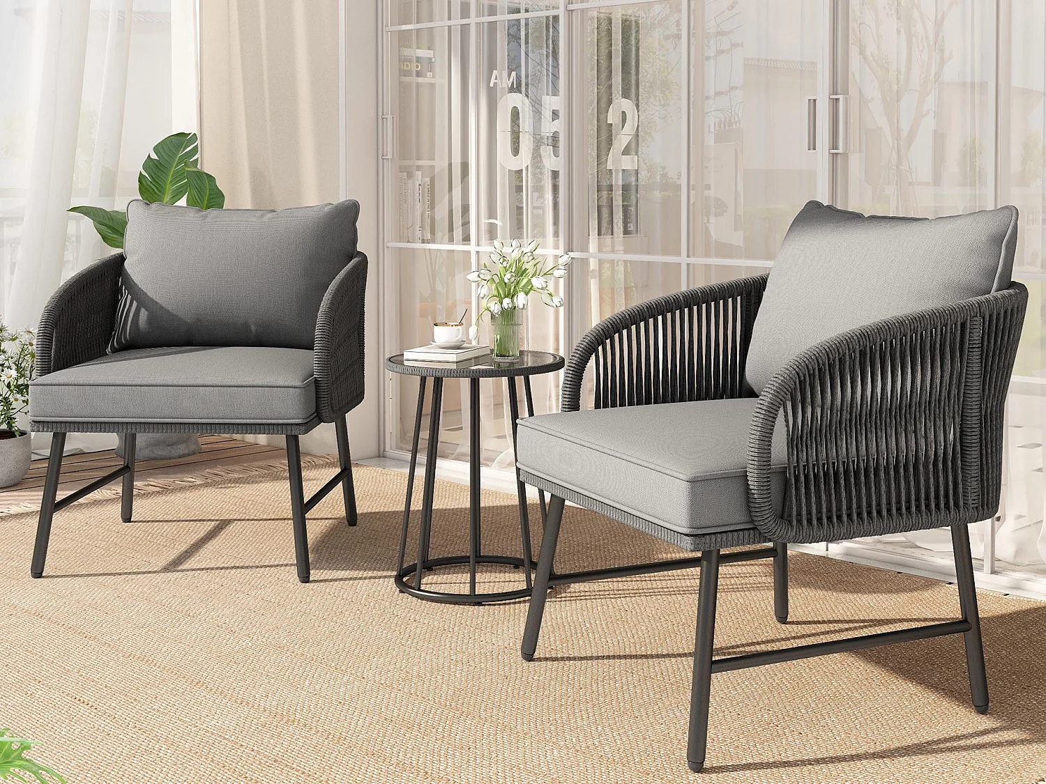 Bistro-Garten-Salon-Sets aus 3 Teilen, 2 Sessel + niedriger Tisch, geflochtene Schnur, Tischplatte aus Glas, Grau