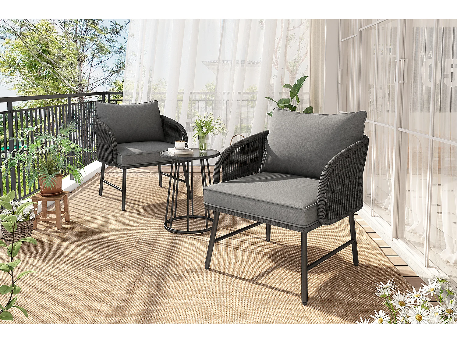 Bistro-Garten-Salon-Sets aus 3 Teilen, 2 Sessel + niedriger Tisch, geflochtene Schnur, Tischplatte aus Glas, Grau